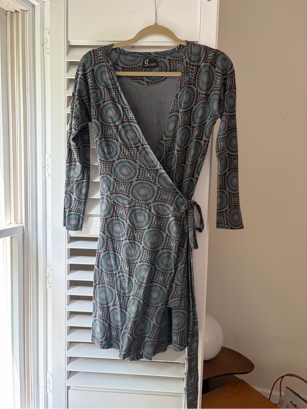 SAS Teal & Gray Patterned Long Sleeve Wrap Dress